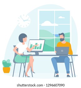 Working process  office open space,  vector concept of business workflow, time management, teamwork, meeting. Flat design vector template for web banner, promotion and marketing presentation. 