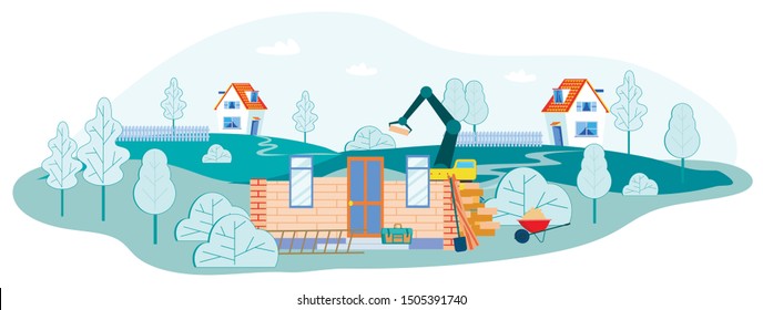 Working Process on Construction Site, Crane Put Brick on House Wall, Professional Equipment and Technique for Building and Engineering around. Cottage Settlement. Cartoon Flat Vector Illustration