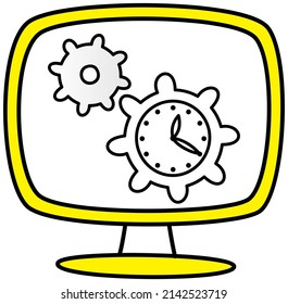 Proceso de trabajo, búsqueda de ideas y soluciones, ejecución de procesos de negocio, inicio, concepto de movimiento de trabajo. Engranaje con reloj como símbolo de la gestión del tiempo. Software o mantenimiento, configuración de tecnología
