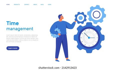 Working process, searching for ideas and solutions, business process running, startup, work motion concept. Man stands near gear with clock as symbol of time management. Website landing page template