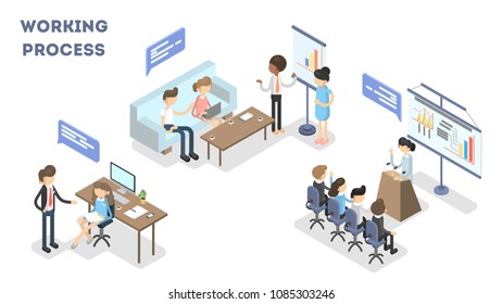 Working process set. Business meeting and working.