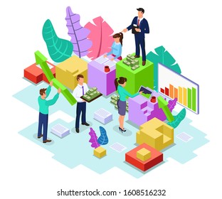 Working process of team in company. Faceless men and women doing paperwork, analysing information, managing of cash flows, investing money. Vector isometric illustration isolated on white background.