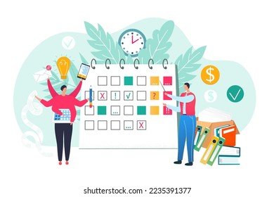 Working process vector illustration. Teamwork on new project. Coworkers, managers at timetable and working together, paper documents.