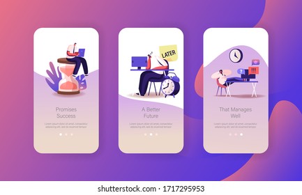 Working Productivity, Manage Time Mobile App Page Onboard Screen Template. Tiny People Characters Time Management, Sleeping at Office Workplace, Procrastination Concept. Cartoon Vector Illustration