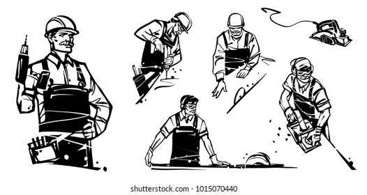 Working professional with a drill looks at the camera. Carpenter cutting wooden plank. Man working with an electric planer. The worker cuts the board on a circular saw.