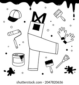 Working professional tools, painter's clothing. Vector set on an isolated white background. Doodle illustrations of repair items are suitable for stickers, printing.