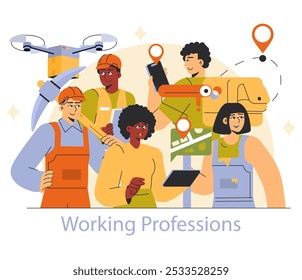 Profissões de trabalho. Grupo diversificado de trabalhadores qualificados com ferramentas e tecnologia moderna. Colaboração em equipe em várias ocupações. Ilustração vetorial.