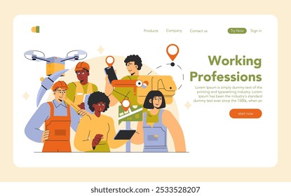 Profissões de trabalho. Equipe diversificada de profissionais com ferramentas tecnológicas modernas. Colaboração, experiência e navegação nos negócios. Ilustração vetorial.