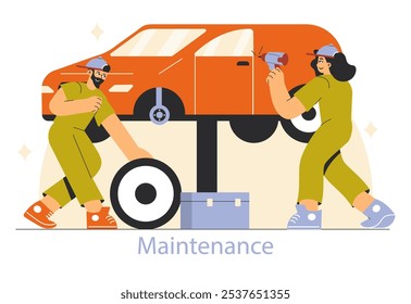 Working Professions concept. Two mechanics with tools servicing a car, showcasing teamwork and maintenance expertise. Professional garage scene. Vector illustration.