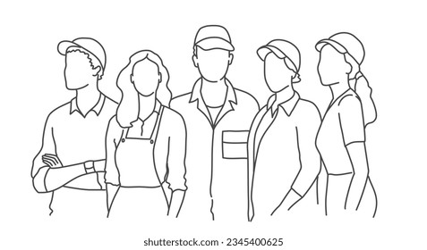 Las profesiones de trabajo, los reparadores y los ingenieros, las mujeres y los hombres están de uniforme. Ilustración vectorial dibujada a mano. Blanco y negro.