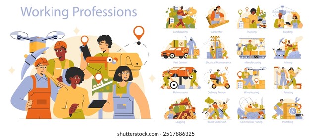 Working Professions set. Diverse jobs from landscaping to plumbing illustrated. Capturing the essence of various trades in action. Vector illustration.