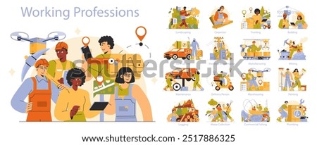 Working Professions set. Diverse jobs from landscaping to plumbing illustrated. Capturing the essence of various trades in action. Vector illustration.