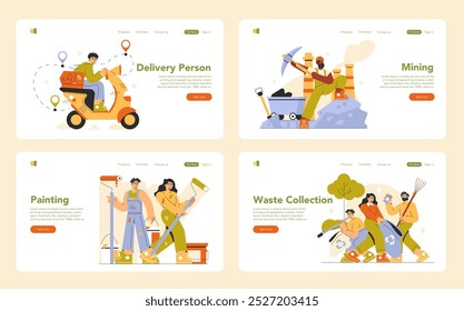 Working Professions set. Diverse modern workers in action, showcasing delivery, mining, painting, and waste collection. Vector illustration.