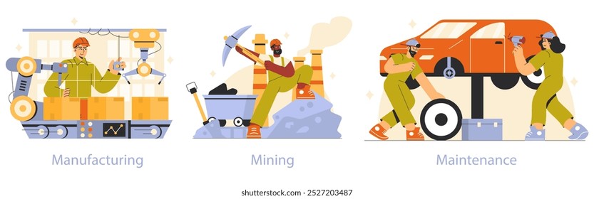 Profissões de trabalho definidas. Ilustração de pessoas nas funções de manufatura, mineração e manutenção. Cenários de local de trabalho dinâmicos em ambientes industriais. Ilustração vetorial.