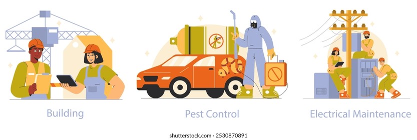 Working Professions set. Illustrations of construction workers, pest control specialist, and electricians showcasing diverse jobs. Professional teamwork and service activities. Vector illustration.