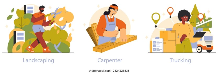Working Professions set. A landscaper shaping bushes, a carpenter sawing wood, a trucker managing deliveries. Diverse jobs illustrated. Vector illustration.