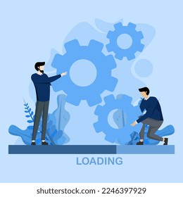 Working in progress concept, project management concept, team with gear box mechanism and loading indicator scale, business people work together to make business progress.