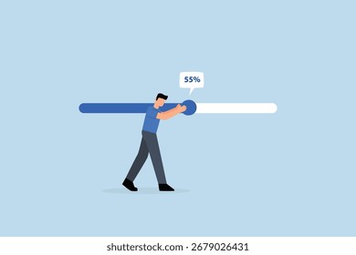 Working project progress, businessman works diligently to advance the progress bar to meet the deadline. 