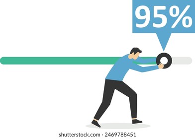 Working project progress, effort to finish work or achieve business success, accomplishment, ambition or career challenge, businessman try hard to push working progress bar to finish in deadline.

