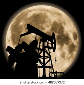 Working pump jack in deserted district in the bright of the moon. Vector illustration EPS 8.