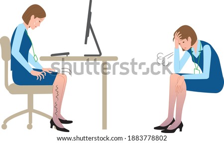 Working. Put up with the unpleasant feeling in your legs. Depressed female office worker