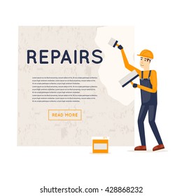 Working puttied wall. Repair, construction, painting. Character. Flat style vector illustration.