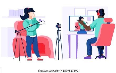 Working in a recording studio. People communicate at work. Operator is recording interview with girl with microphone. Man and woman shoot a video with a camera on a tripod. Voice and speech training