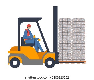 Working at recycling factory facility or center, male in uniform driving forklift or loader transporting pressed garbage or litter, paper or plastic, cleaning environment and care. Vector in flat