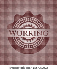 Working red seamless emblem or badge with abstract geometric polygonal pattern background.