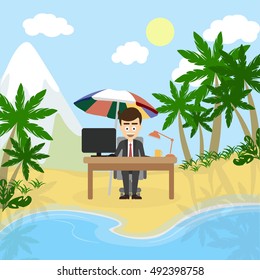 Working and relaxing. Businessman sitting in a lotus pose and meditate imagining sunny beach, palms and ocean. Concept of relaxation in office.