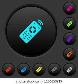 Working remote control dark push buttons with vivid color icons on dark grey background
