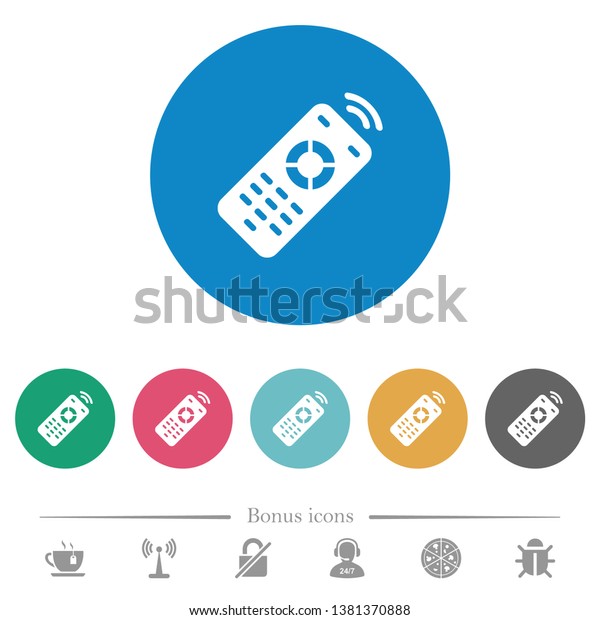 Working remote control flat white icons\
on round color backgrounds. 6 bonus icons\
included.