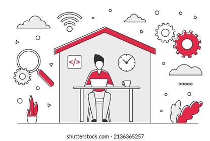 Working remote from home and stay safe. Employee self management and organization vector monocolor illustration