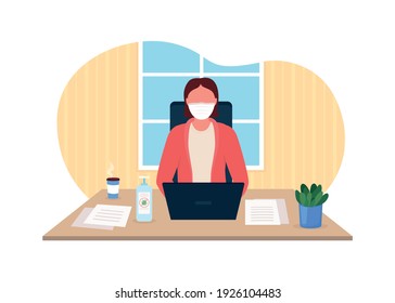 Working remotely 2D vector web banner, poster. Doing all work from house. Comunication throught internet flat characters on cartoon background. Covid printable patch, colorful web element
