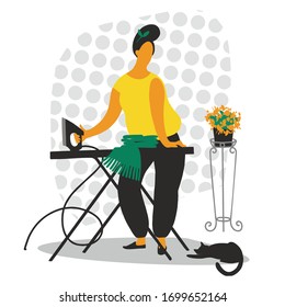 Working remotely. Beautiful woman Ironing clothes, housewife ironing. Ironing Board, iron, cat. Flat vector illustration.