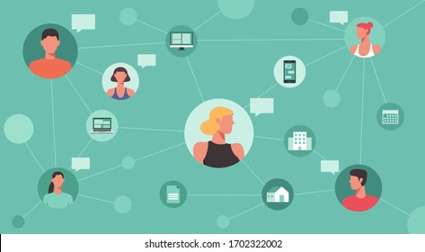 working remotely concept, people connecting and working online together on laptop computer, smartphone, work from home and work from anywhere, flat vector illustration