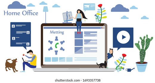 Working remotely concept. People work at home. The time for family and pets to enjoy and happy.