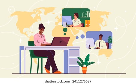 Working remotely concept. Woman with laptop work together with partners and colleagues. Video call and conference. Freelancer and remote worker with online earnings. Cartoon flat vector illustration