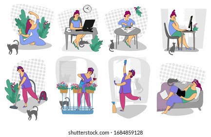 Working remotely. Freelance. Work from home. Home office. Telework. Remote working. Woman self employed concept remote working. Plan your day. Conceptual vector illustration. Flat style