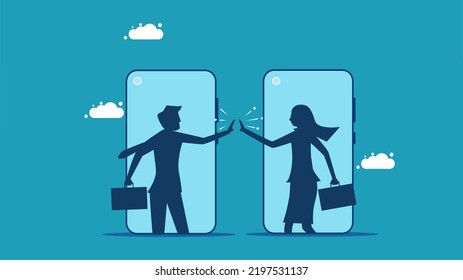  Working remotely or greeting online. businessman hi five from mobile phone