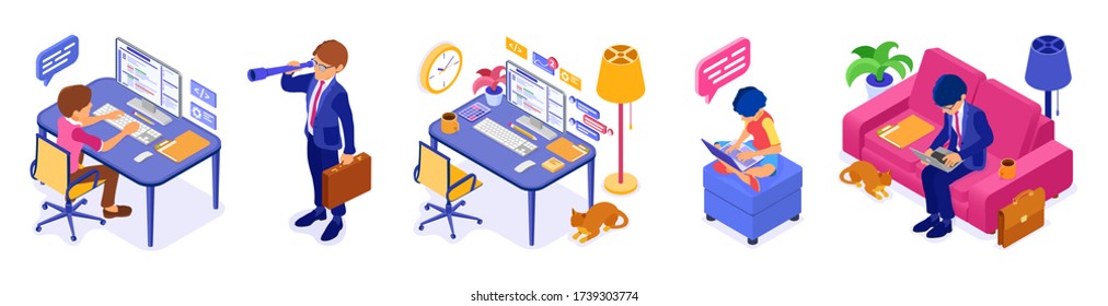 Working remotely from home. Businessman, programmer, woman sits at sofa, at computer table and working on computer at home. Quarantine covid-19 coronavirus. Isometric isolated vector illustration