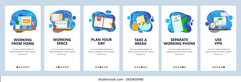 Working remotely from home. Take rest, plan day. Use separate phone, vpn. Home workspace. Mobile app screens. Vector banner template for website and mobile development. Web site design illustration.