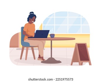 Trabajar remotamente en la terraza de cafe ilustración aislada vectorial 2D. Mujer sentada afuera de una cafetería personaje plano sobre fondo de caricatura. Colorida escena editable para móvil, sitio web, presentación