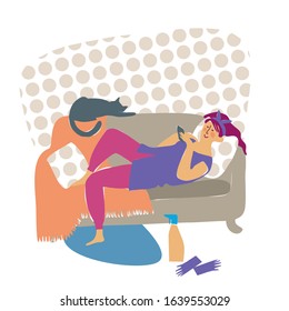 Working remotely. A woman is resting on the sofa with a phone in her hands. A woman is resting while cleaning the house. A cat lives nearby. Flat cartoon colorful vector illustration. Flat style.