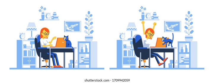 Working remotely woman in workspace with laptop. Happy Joyful girl in home office with computer. Vector illustration.