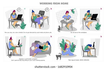  Working remotely. Work from home. Freelance.  Home office.  Plan your day. Remote working. Woman self employed concept remote working. Conceptual vector illustration. Flat style