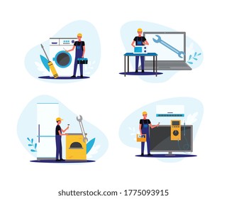 Working repairman set - cartoon repair men fixing and doing home appliance maintenance. Person repairing refrigerator, washing machine, etc - vector illustration.