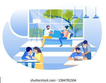 Working Rest Study Activity in Coworking Space Employees Collaborate Communicate in Pairs in Creative Shared Workplace Businesspeople Discussing Speaking Using Devices Vector Flat Cartoon Illustration