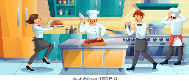 Working restaurant staff. Man cooking using professional equipment. Cook, chef, cookery assist, waiter employee rush at kitchen. Lack of time. Speed food preparation. Busy cartoon character in uniform