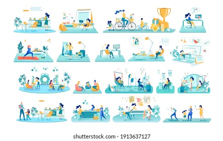 Working and Resting People Flat Illustrations Set. Young Men and Women Cartoon Characters. Household Businesses, Freelance Occupations, Side Jobs. Different Recreational Activities Pack